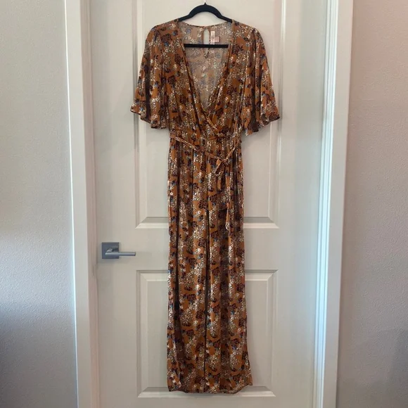 Romper - Band of Gypsies Burnt Orange Floral Romper/Jumpsuit with Pockets - Picture 1 of 5